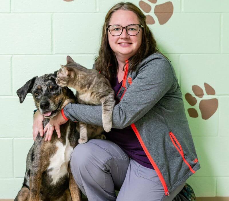 Rachel at Veterinary Associates with dog and cat